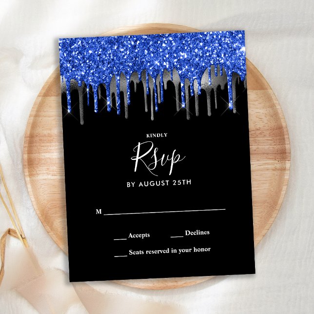 Elegant Blue Silver Glitter Drips Wedding RSVP Invitation Postcard (Creator Uploaded)