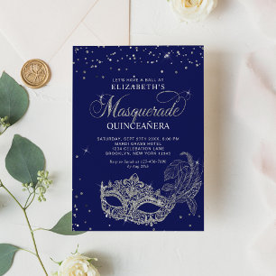 Elegant Blue Silver Glitter Masquerade Quinceañera Invitation