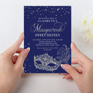 Elegant Blue Silver Glitter Masquerade Sweet 16 Invitation