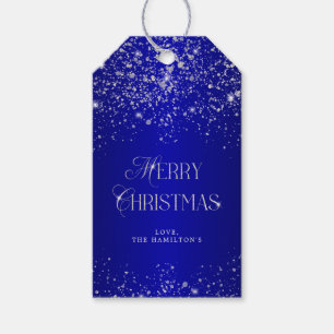 Elegant Blue Silver Glitter Merry Christmas Gift Tags