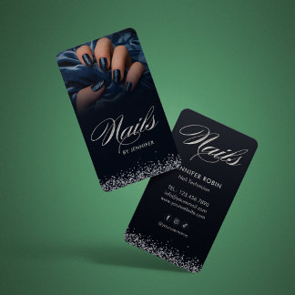 Elegant Blue & Silver Glitter Nail Salon Business Card