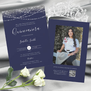 Elegant Blue Silver Glitter Photo Quinceanera Invitation