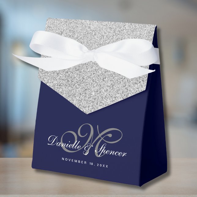 Elegant Blue Silver Glitter Wedding Thank You Favour Box (Blue and Silver Favor Box)