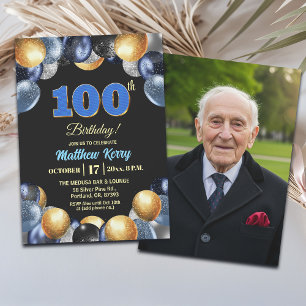 Elegant Blue Silver Gold 100th Birthday Photo Invitation