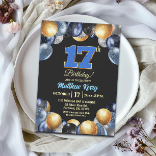 Elegant Blue Silver Gold 17th Birthday Party Invitation