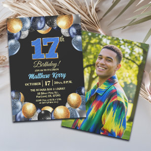 Elegant Blue Silver Gold 17th Birthday Photo Invit Invitation