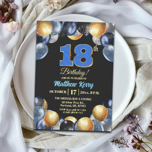 Elegant Blue Silver Gold 18th Birthday Party Invitation