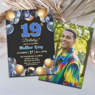 Elegant Blue Silver Gold 19th Birthday Photo Invitation