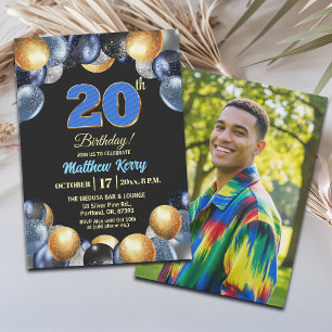 Elegant Blue Silver Gold 20th Birthday Photo Invitation