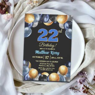 Elegant Blue Silver Gold 22nd Birthday Party Invitation