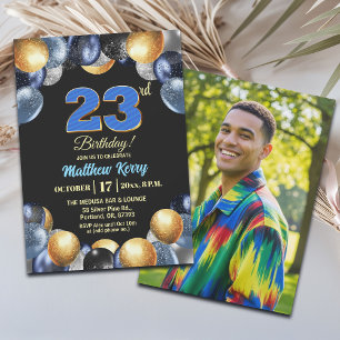 Elegant Blue Silver Gold 23rd Birthday Photo Invitation