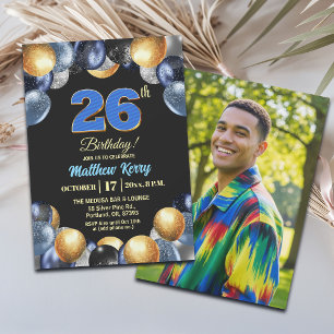 Elegant Blue Silver Gold 26th Birthday Photo Invitation