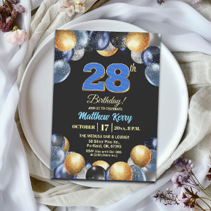 Elegant Blue Silver Gold 28th Birthday Party Invitation