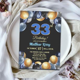 Elegant Blue Silver Gold 33rd Birthday Party Invitation