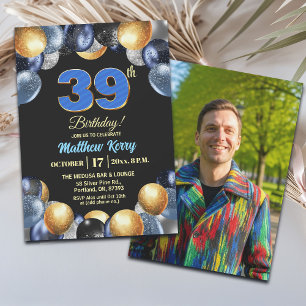Elegant Blue Silver Gold 39th Birthday Photo Invitation