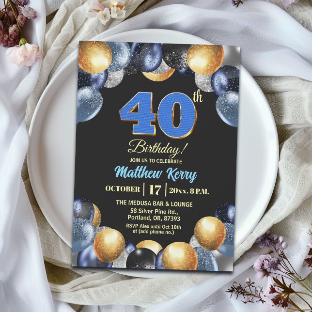 Elegant Blue Silver Gold 40th Birthday Party Invitation (Creator Uploaded)