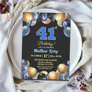 Elegant Blue Silver Gold 41st Birthday Party Invitation