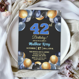 Elegant Blue Silver Gold 42nd Birthday Party Invitation