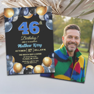 Elegant Blue Silver Gold 46th Birthday Photo Invitation