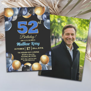 Elegant Blue Silver Gold 52nd Birthday Photo Invitation