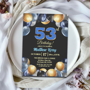 Elegant Blue Silver Gold 53rd Birthday Party Invitation