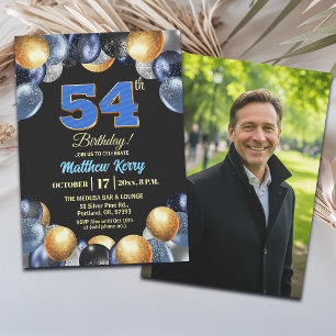 Elegant Blue Silver Gold 54th Birthday Photo Invitation