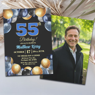 Elegant Blue Silver Gold 55th Birthday Photo Invitation
