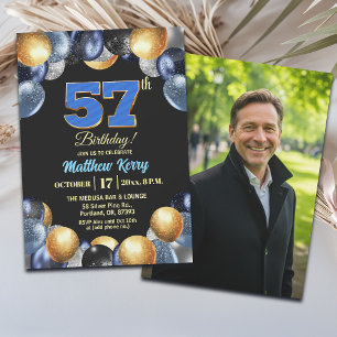 Elegant Blue Silver Gold 57th Birthday Photo Invitation