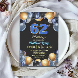 Elegant Blue Silver Gold 62nd Birthday Party Invitation