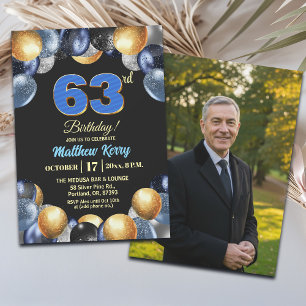Elegant Blue Silver Gold 63rd Birthday Photo Invitation