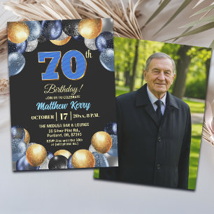 Elegant Blue Silver Gold 70th Birthday Photo Invitation