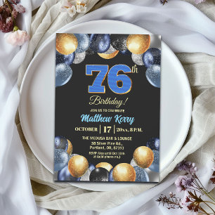 Elegant Blue Silver Gold 76th Birthday Party Invitation