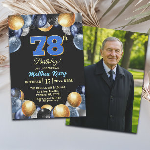 Elegant Blue Silver Gold 78th Birthday Photo Invitation