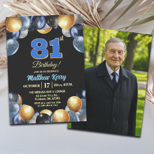 Elegant Blue Silver Gold 81st Birthday Photo Invitation