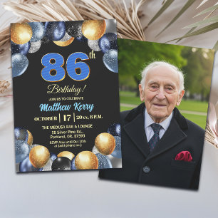 Elegant Blue Silver Gold 86th Birthday Photo Invitation