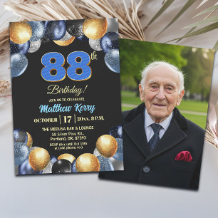 Elegant Blue Silver Gold 88th Birthday Photo  Invitation