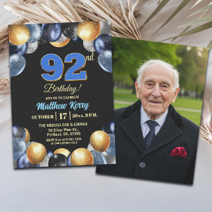 Elegant Blue Silver Gold 92nd Birthday Photo  Invitation