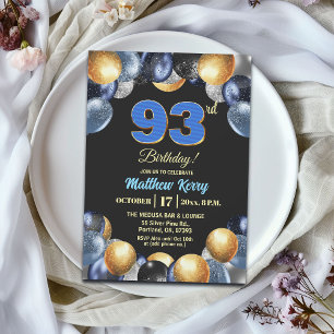 Elegant Blue Silver Gold 93rd Birthday Party Invitation