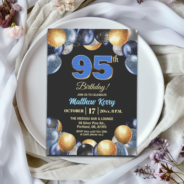 Elegant Blue Silver Gold 95th Birthday Party Invitation (Creator Uploaded)