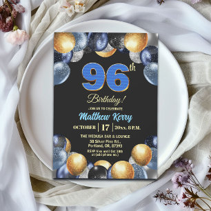 Elegant Blue Silver Gold 96th Birthday Party Invitation