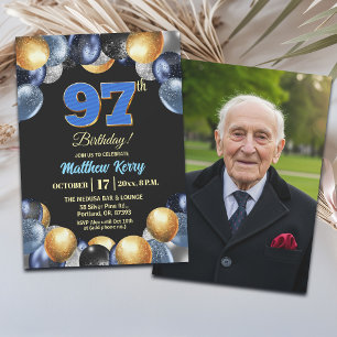 Elegant Blue Silver Gold 97th Birthday Photo  Invitation