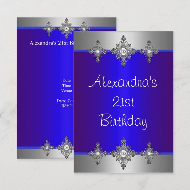 Elegant Blue Silver Jewel 21st Birthday Invitation (Front/Back)