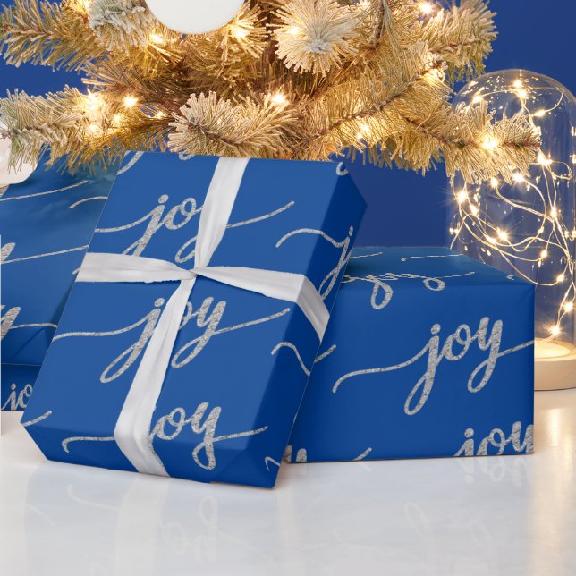 Elegant Blue Silver Joy Calligraphy Christmas Wrapping Paper (Holidays)