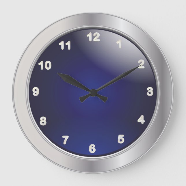 Elegant Blue & Silver Metal with White Numbers Large Clock (Front)