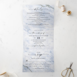 Elegant Blue & Silver Metallic Marble Wedding Tri-Fold Invitation