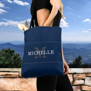 Elegant Blue Silver Monogram Name Personalised Tote Bag