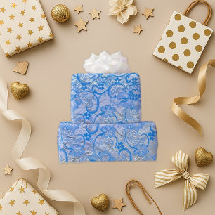 Elegant Blue Silver Paisley Floral Wrapping Paper