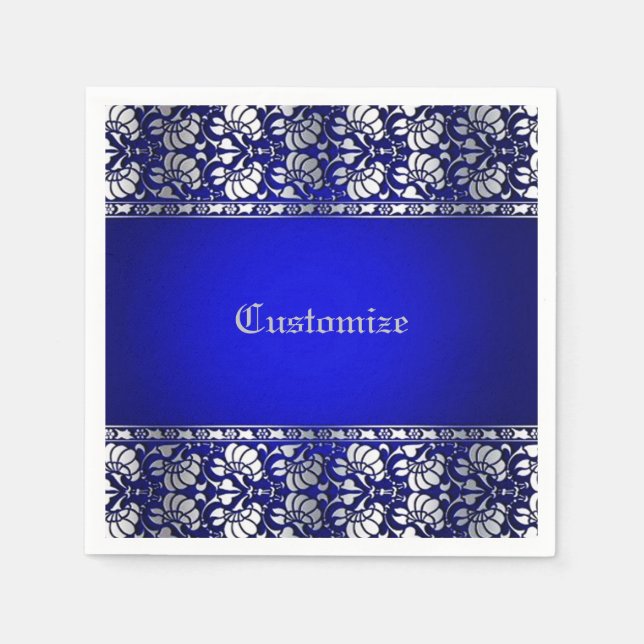 Elegant Blue & Silver Personalised Napkin (Front)