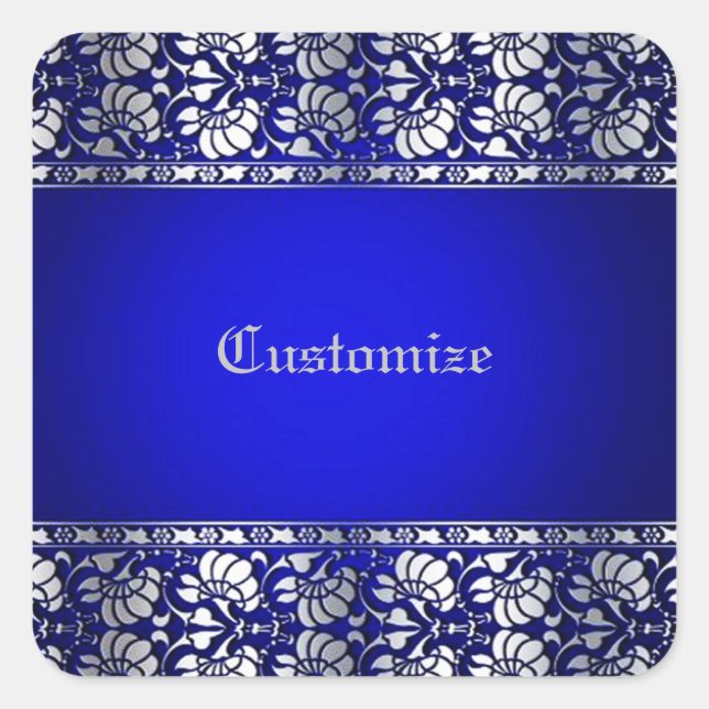 Elegant Blue & Silver Personalised Square Sticker (Front)