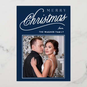 Elegant Blue & Silver Script Merry Christmas Photo